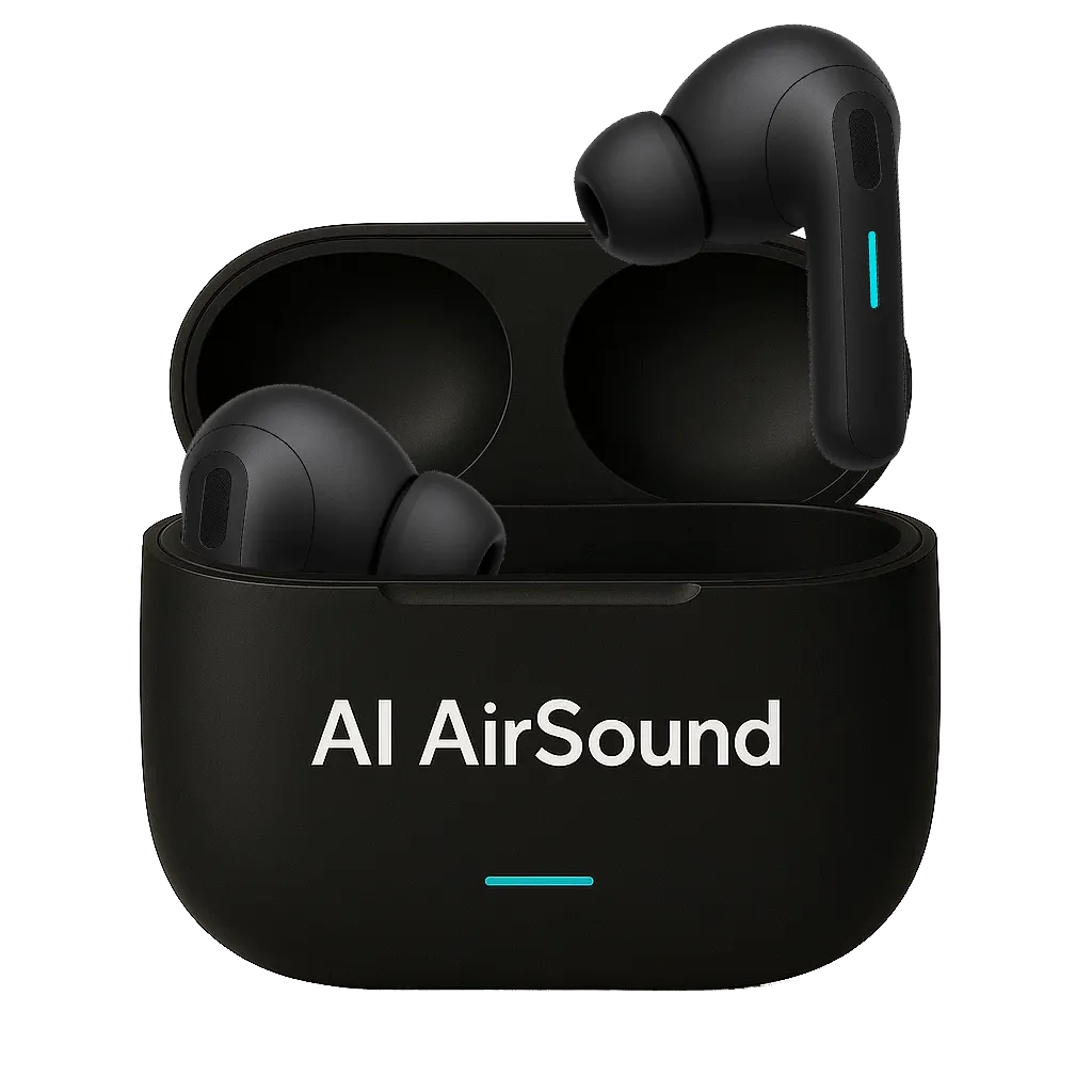 Image des écouteurs avec leur boitier, un des deux écouteurs est plus haut que l'autre comme démonstration