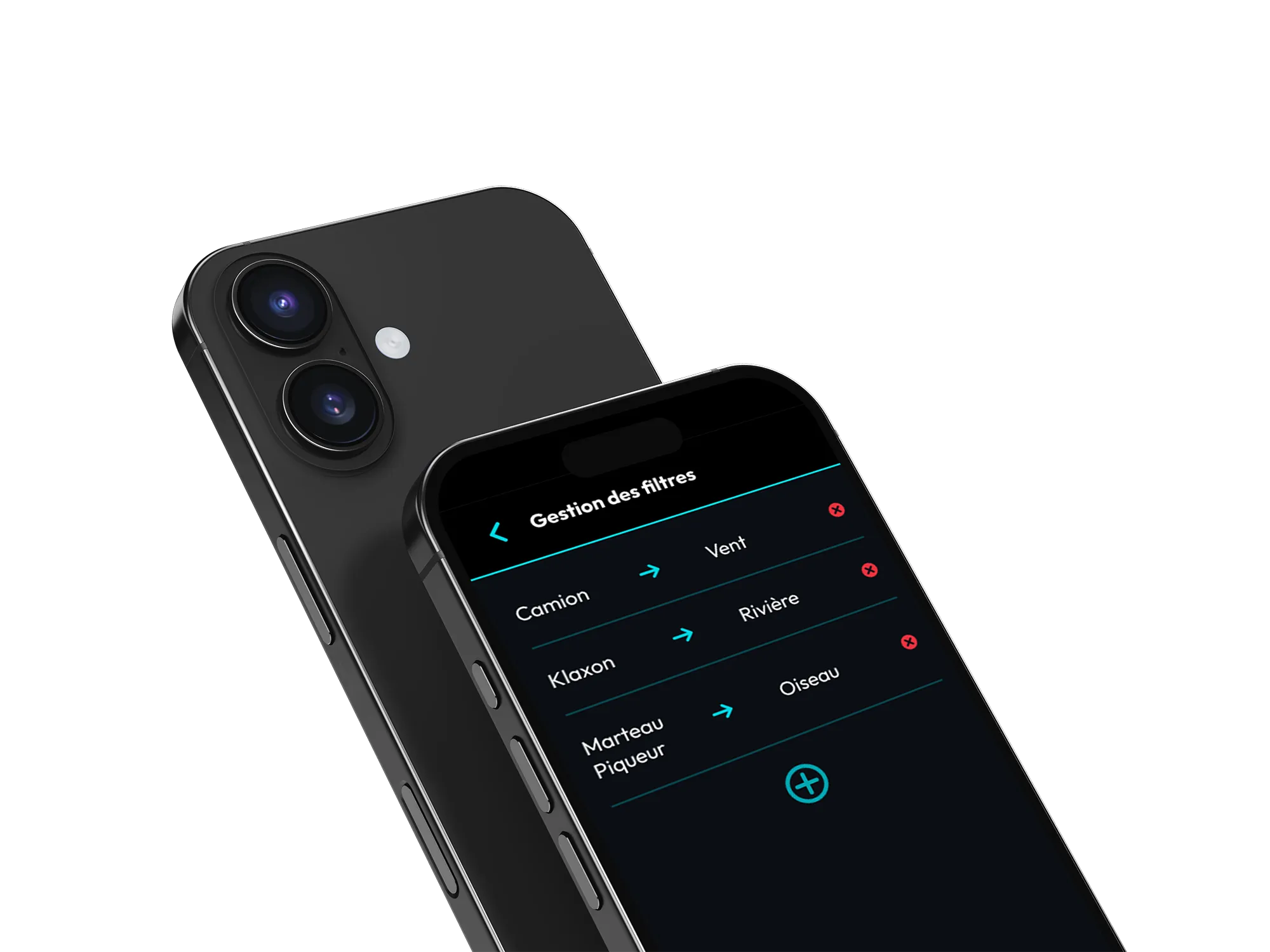 Image d'un iphone avec l'application de AI Airsound pour pouvoir enlever et ajouter des filtres sonores