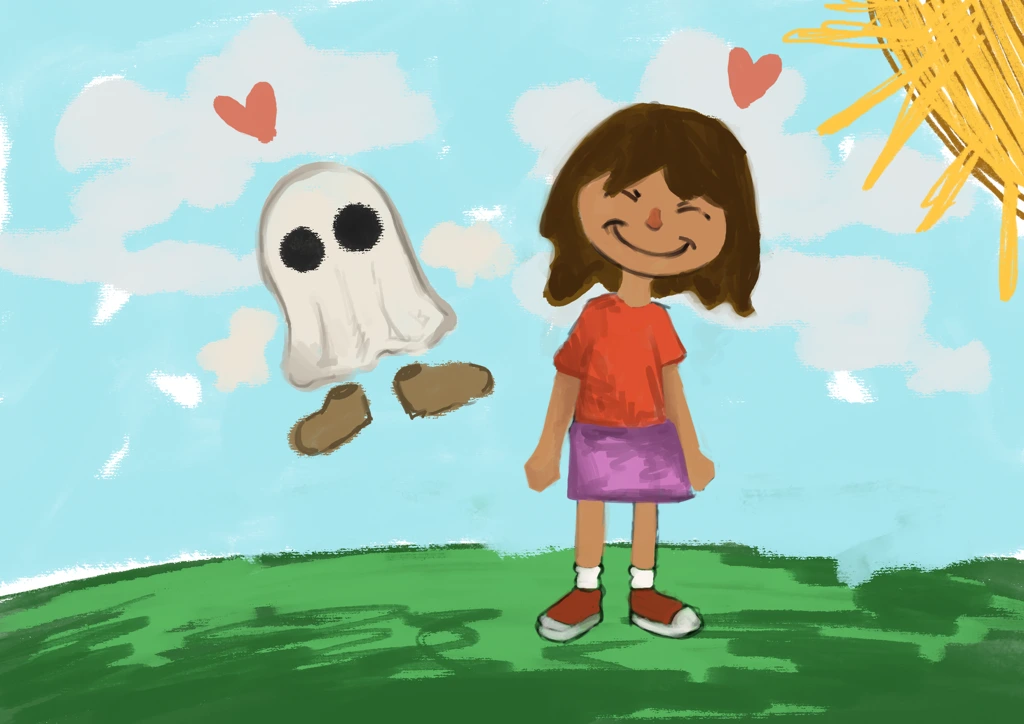 Dessin d'une fille avec un fantome qui s'amuse